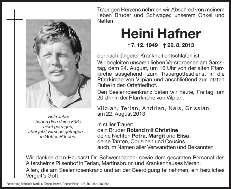  Traueranzeige für Heini Hafner vom 23.08.2013 aus Dolomiten