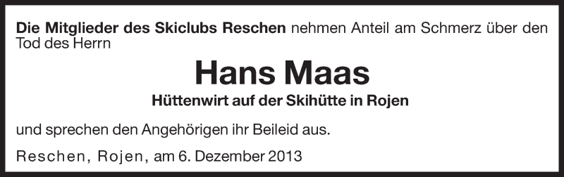  Traueranzeige für Hans Maas vom 07.12.2013 aus Dolomiten