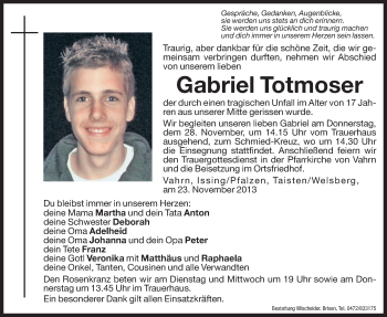 Traueranzeige von Gabriel Totmoser von Dolomiten