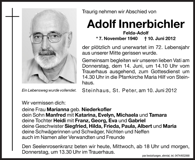  Traueranzeige für Adolf Innerbichler vom 13.06.2012 aus Dolomiten