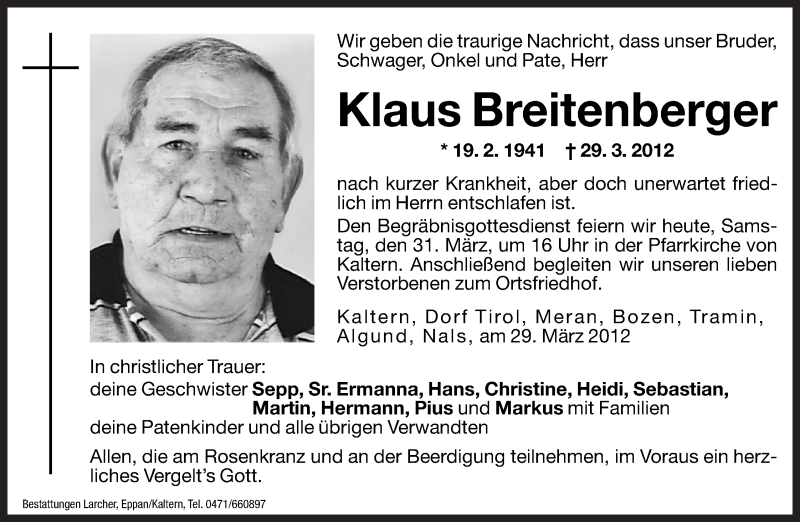  Traueranzeige für Klaus Breitenberger vom 31.03.2012 aus Dolomiten