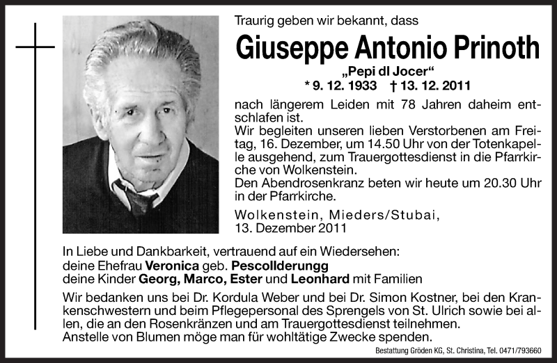  Traueranzeige für Giuseppe Antonio Prinoth vom 15.12.2011 aus Dolomiten