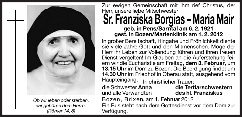  Traueranzeige für Franziska Borgias–Maria Mair vom 02.02.2012 aus Dolomiten