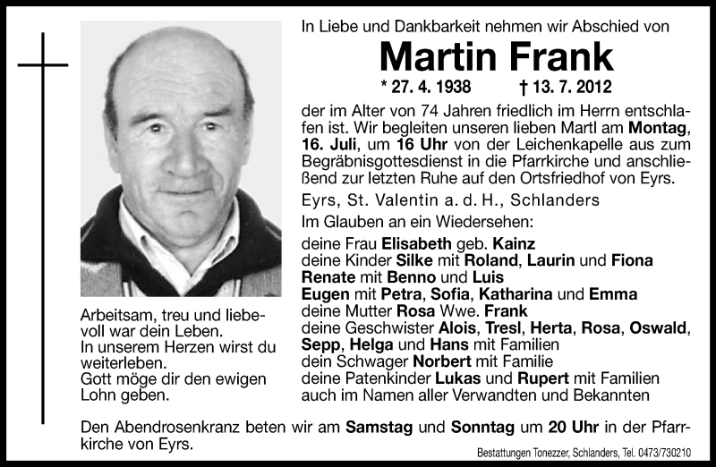  Traueranzeige für Martin Frank vom 14.07.2012 aus Dolomiten