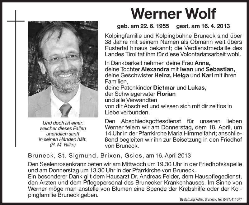  Traueranzeige für Werner Wolf vom 17.04.2013 aus Dolomiten