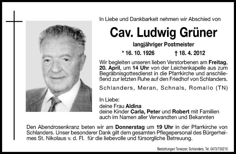  Traueranzeige für Ludwig Grüner vom 19.04.2012 aus Dolomiten