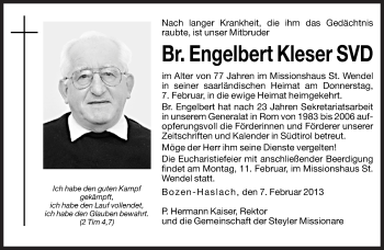 Traueranzeige von Engelbert Kleser von Dolomiten