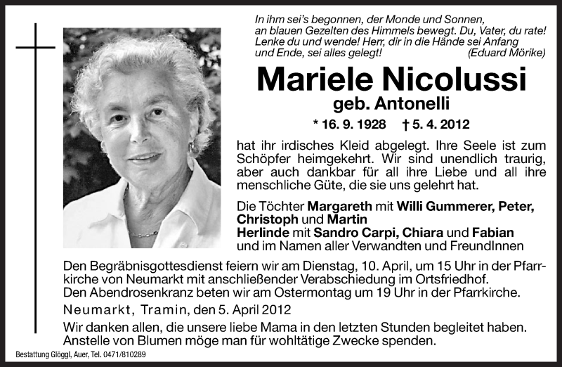  Traueranzeige für Mariele Nicolussi vom 07.04.2012 aus Dolomiten