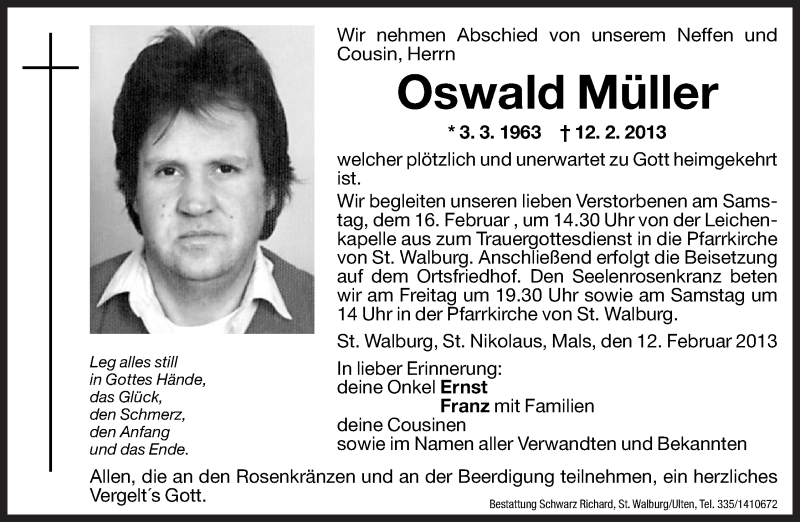  Traueranzeige für Oswald Müller vom 15.02.2013 aus Dolomiten