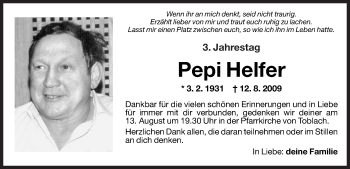 Traueranzeige von Pepi Helfer von Dolomiten