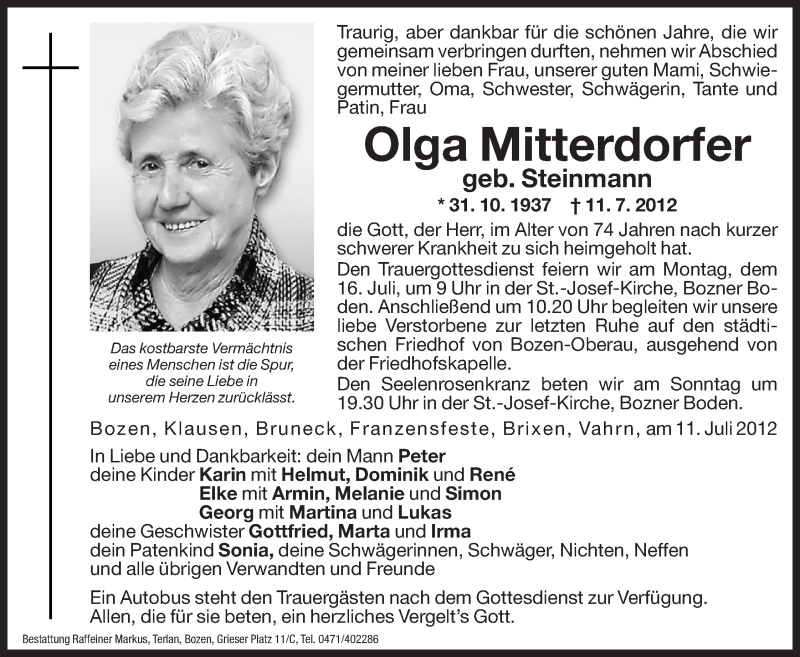  Traueranzeige für Olga Mitterdorfer vom 13.07.2012 aus Dolomiten