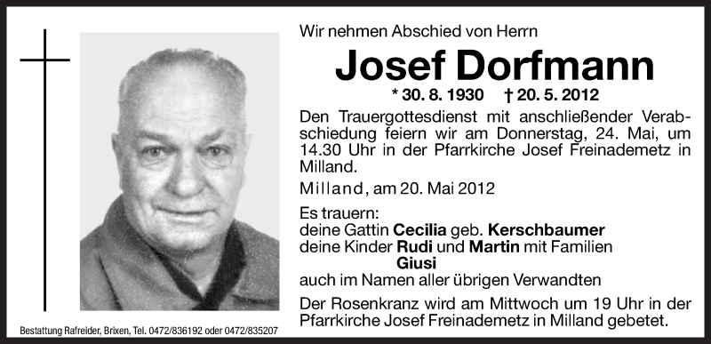  Traueranzeige für Josef Dorfmann vom 23.05.2012 aus Dolomiten