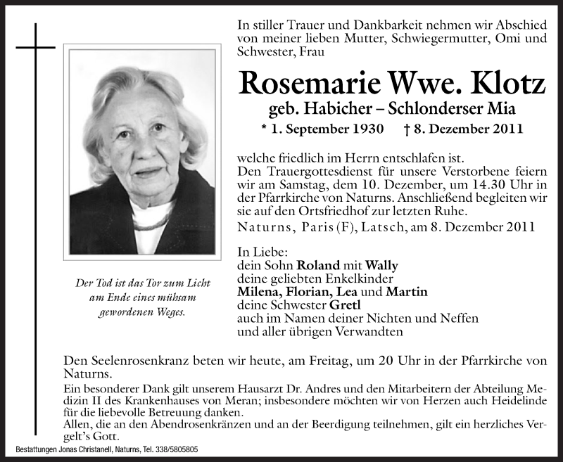  Traueranzeige für Rosemarie Klotz vom 09.12.2011 aus Dolomiten