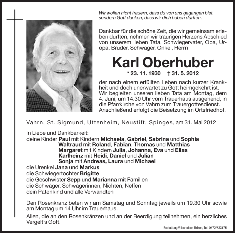  Traueranzeige für Karl Oberhuber vom 01.06.2012 aus Dolomiten