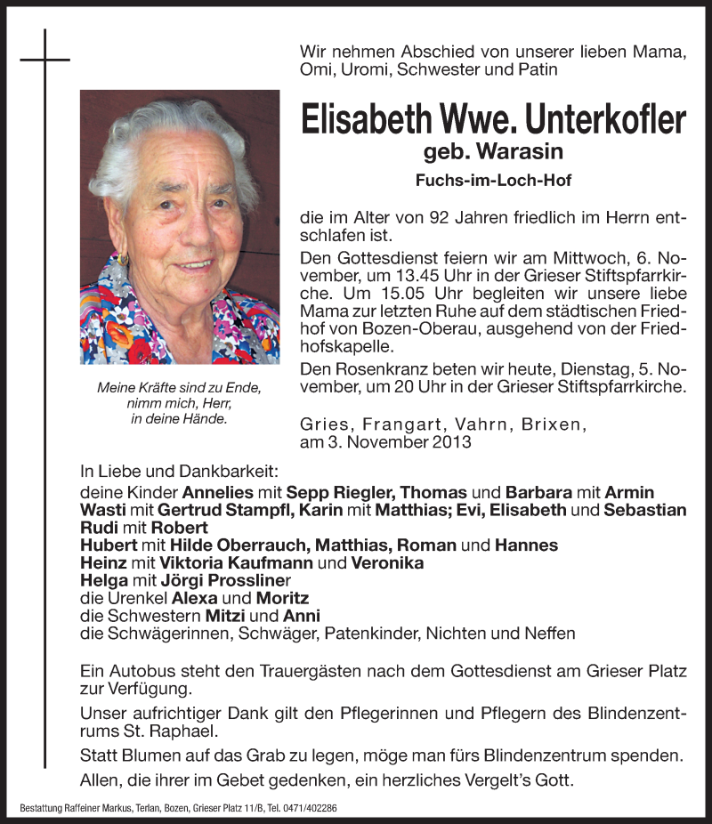  Traueranzeige für Elisabeth Unterkofler vom 05.11.2013 aus Dolomiten