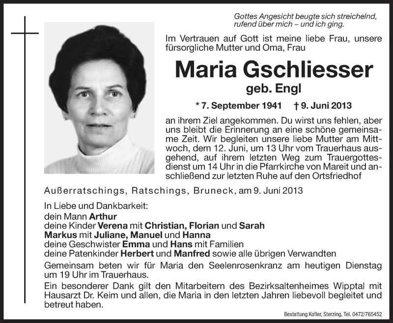  Traueranzeige für Maria Gschliesser vom 11.06.2013 aus Dolomiten