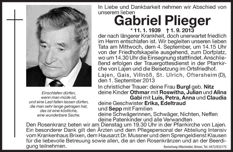  Traueranzeige für Gabriel Plieger vom 03.09.2013 aus Dolomiten