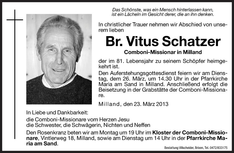  Traueranzeige für Vitus Schatzer vom 25.03.2013 aus Dolomiten