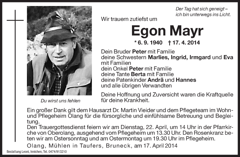  Traueranzeige für Egon Mayr vom 19.04.2014 aus Dolomiten