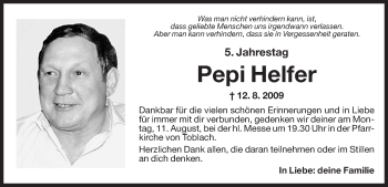 Traueranzeige von Pepi Helfer von Dolomiten