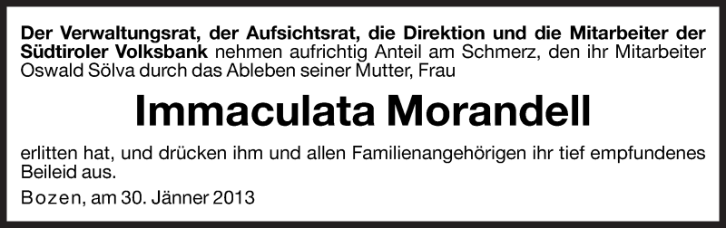  Traueranzeige für Immaculata Morandell vom 30.01.2013 aus Dolomiten