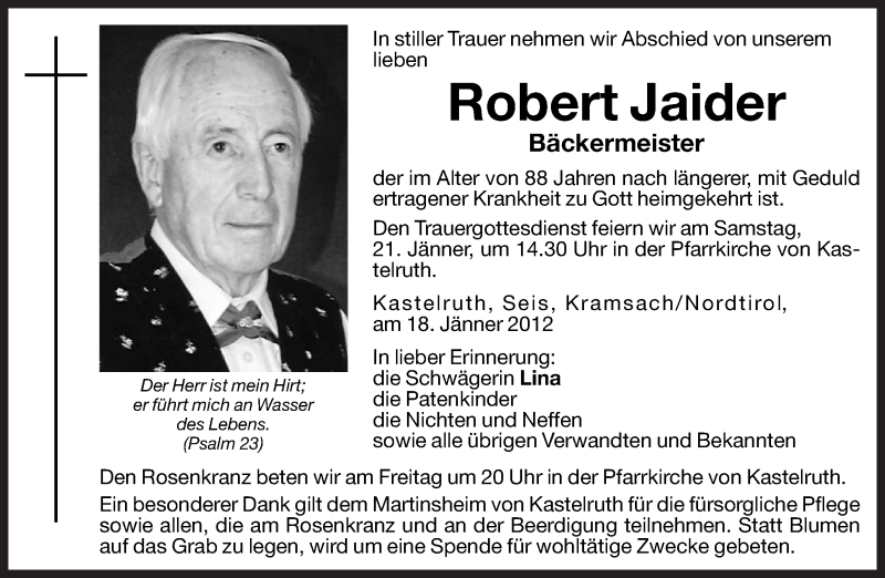  Traueranzeige für Robert Jaider vom 20.01.2012 aus Dolomiten