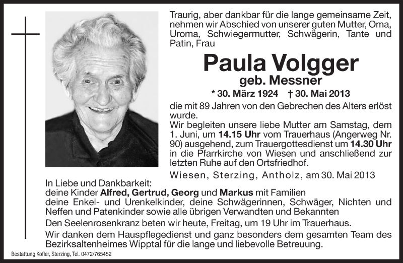  Traueranzeige für Paula Volgger vom 31.05.2013 aus Dolomiten