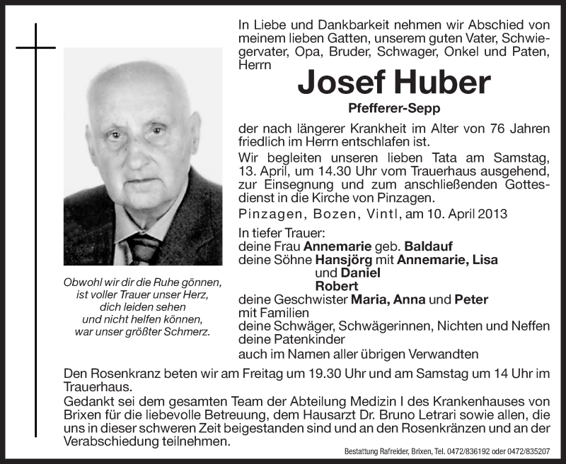  Traueranzeige für Josef Huber vom 12.04.2013 aus Dolomiten