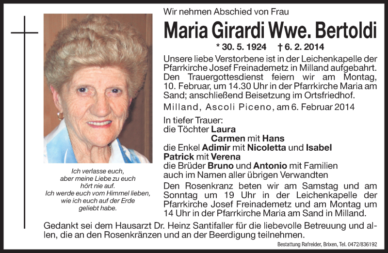  Traueranzeige für Maria Bertoldi vom 08.02.2014 aus Dolomiten