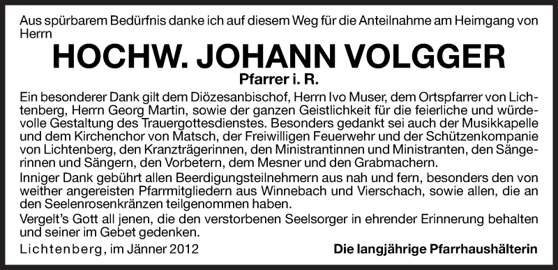  Traueranzeige für Johann Volgger vom 20.01.2012 aus Dolomiten