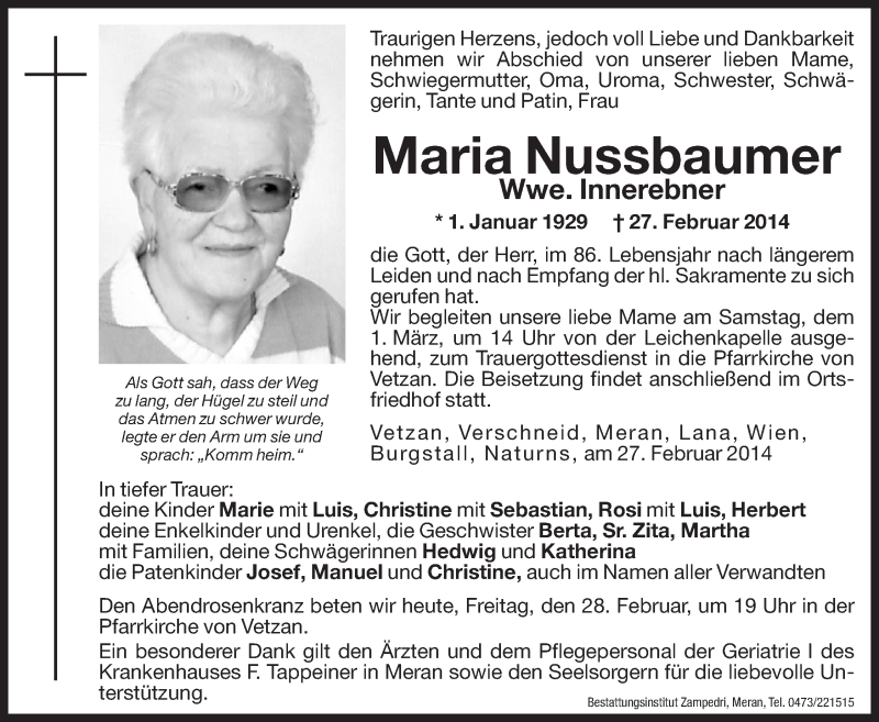  Traueranzeige für Maria Innerebner vom 28.02.2014 aus Dolomiten