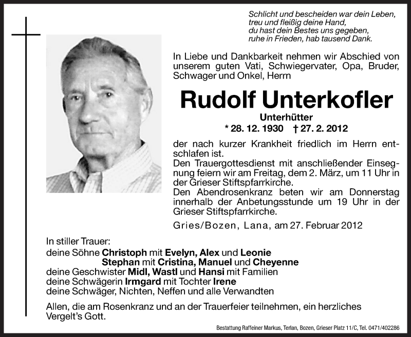  Traueranzeige für Rudolf Unterkofler vom 29.02.2012 aus Dolomiten