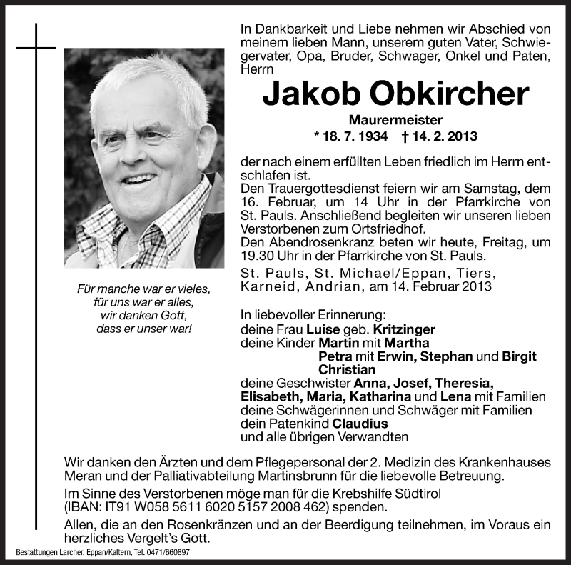  Traueranzeige für Jakob Obkircher vom 15.02.2013 aus Dolomiten