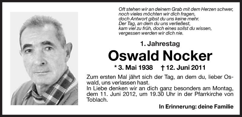  Traueranzeige für Oswald Nocker vom 09.06.2012 aus Dolomiten