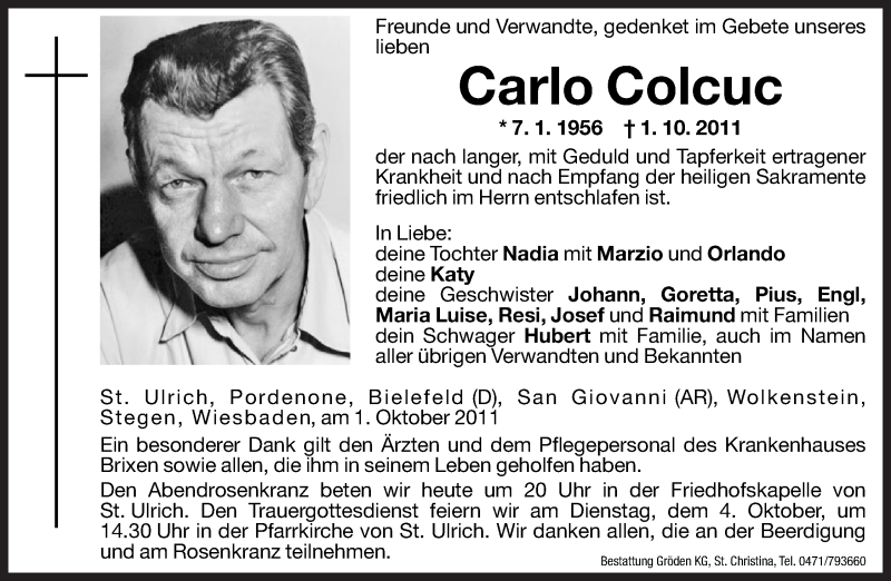  Traueranzeige für Carlo Colcuc vom 03.10.2011 aus Dolomiten