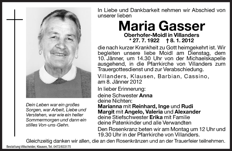  Traueranzeige für Maria Gasser vom 09.01.2012 aus Dolomiten