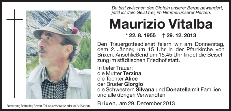  Traueranzeige für Maurizio Vitalba vom 31.12.2013 aus Dolomiten