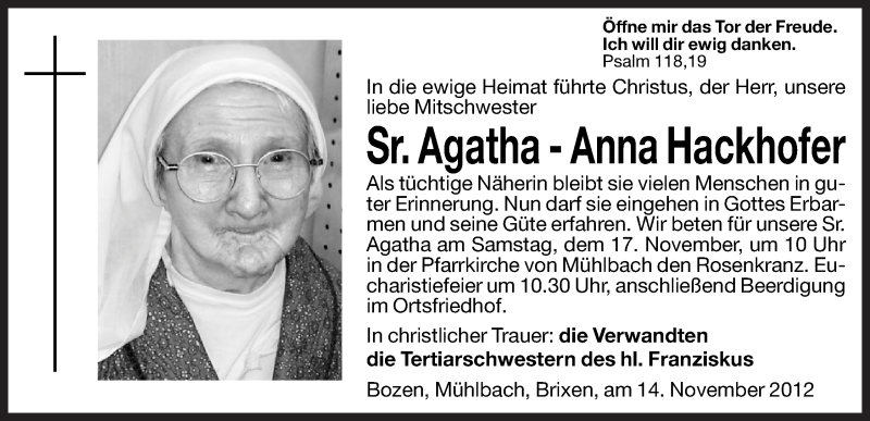  Traueranzeige für Agatha-Anna Hackhofer vom 16.11.2012 aus Dolomiten