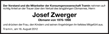 Traueranzeige von Josef Zwerger von Dolomiten