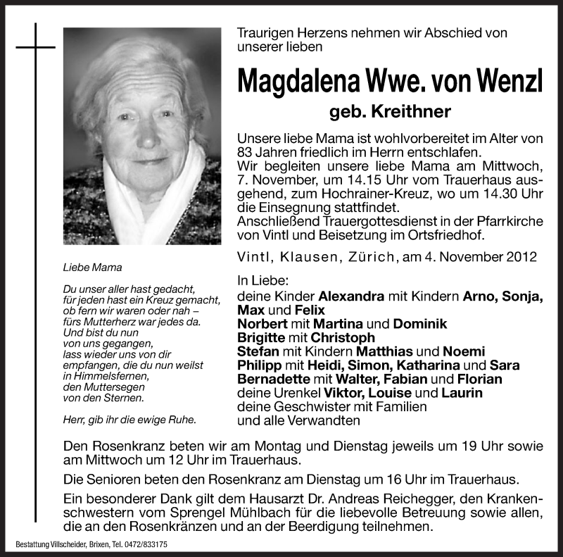  Traueranzeige für Magdalena von Wenzl vom 05.11.2012 aus Dolomiten