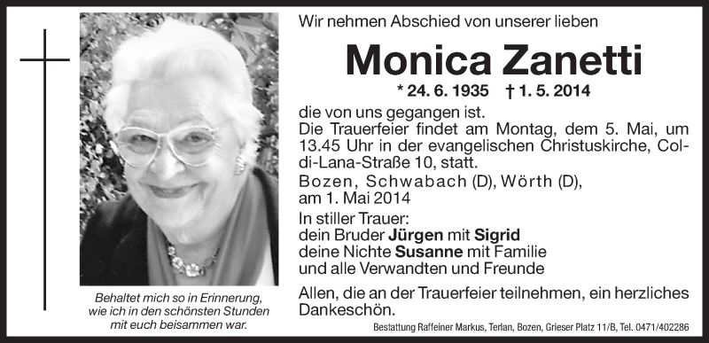  Traueranzeige für Monica Zanetti vom 03.05.2014 aus Dolomiten