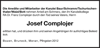 Traueranzeige von Josef Complojer von Dolomiten