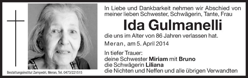  Traueranzeige für Ida Gulmanelli vom 07.04.2014 aus Dolomiten