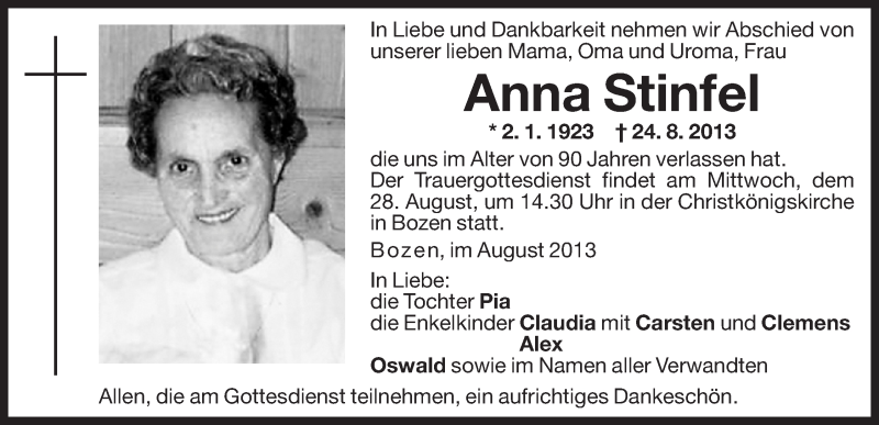  Traueranzeige für Anna Stinfel vom 27.08.2013 aus Dolomiten