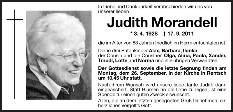  Traueranzeige für Judith Morandell vom 22.09.2011 aus Dolomiten