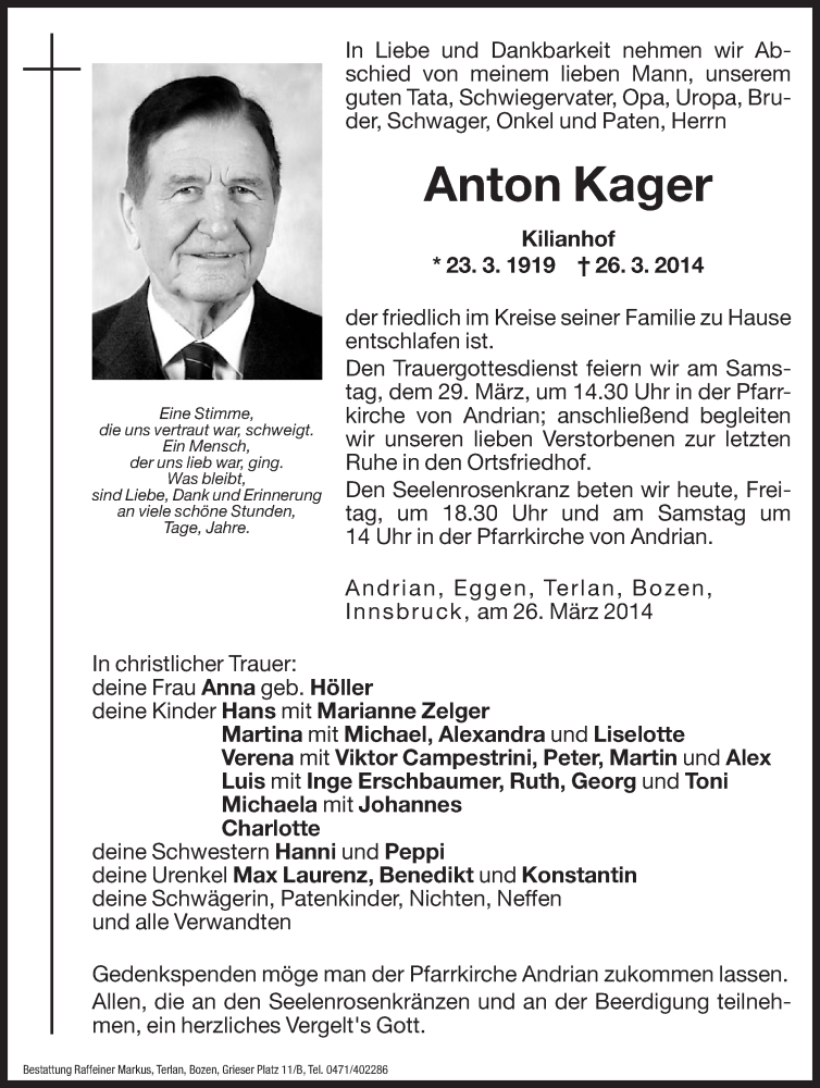  Traueranzeige für Anton Kager vom 28.03.2014 aus Dolomiten