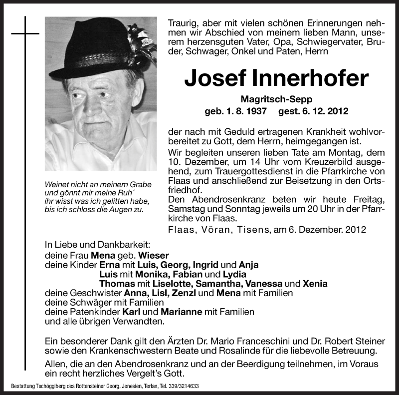  Traueranzeige für Josef Innerhofer vom 07.12.2012 aus Dolomiten