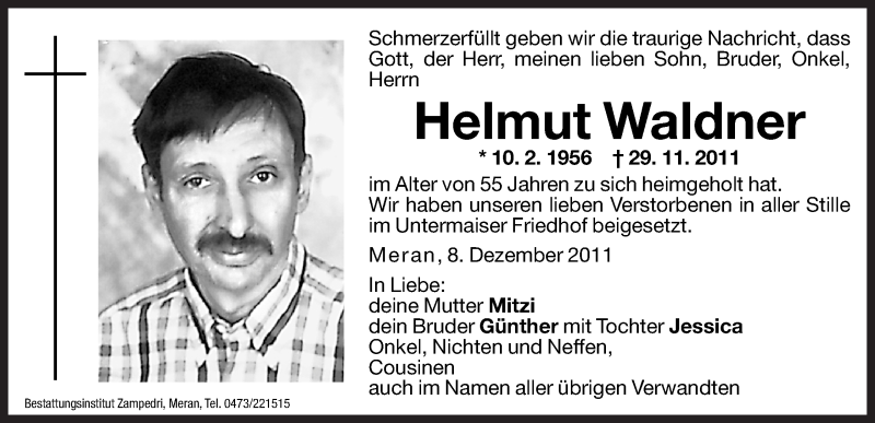  Traueranzeige für Helmut Waldner vom 09.12.2011 aus Dolomiten