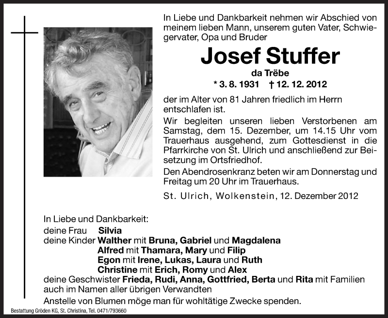  Traueranzeige für Josef Stuffer vom 13.12.2012 aus Dolomiten