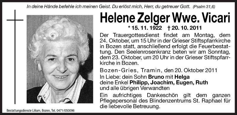  Traueranzeige für Helene Vicari vom 22.10.2011 aus Dolomiten